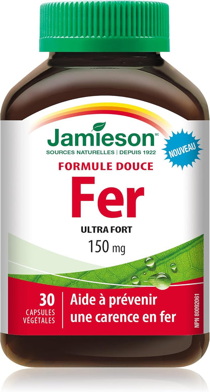 Jamieson 強效補鐵 150 毫克，有助於預防缺鐵，溫和呵護腸胃。非基因改造，無麩質，不含人工色素、香精或防腐劑，150 粒素食膠囊