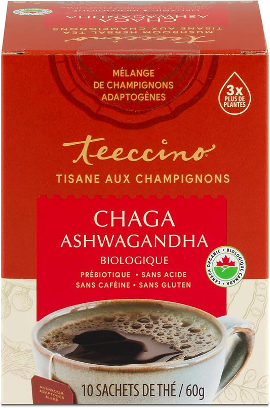 Teeccino 蘑菇適應原茶 - 白樺茸南非醉茄法式烘焙草本茶，採用野生白樺茸和阿育吠陀南非醉茄根，增強免疫力，10 個茶包