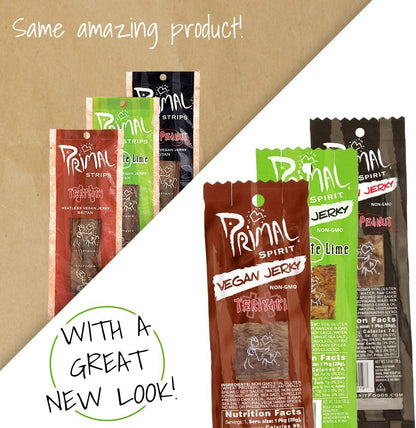 Primal Spirit Vegan Jerky - Seitan Power Pack, 10 g. Plant Based Protein, Certified Non-GMO, No Preservatives ("The Classics" Teriyaki, Thai Peanut, and Mesquite Lime, 24-Pack, 1 oz)