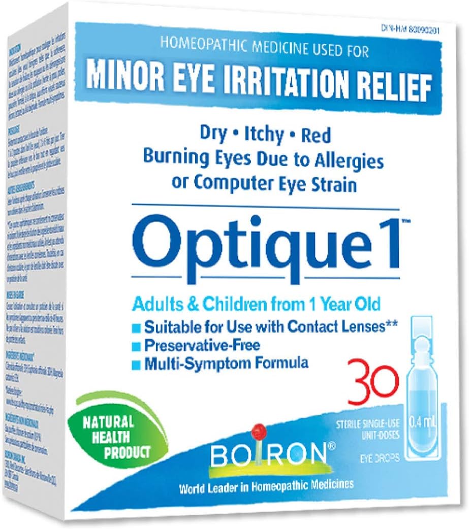 Boiron RhinAllergy 可缓解打喷嚏、流鼻涕和眼睛发痒等过敏症状，Optique 1 眼药水可缓解轻微眼部刺激，如干涩、发痒或发红灼热