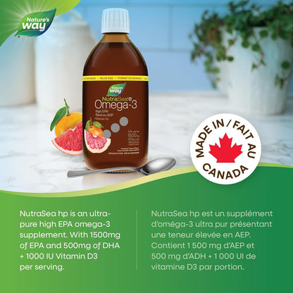 NutraSea HP+D™, High Potency Omega 3 + Vitamin D Supplement, Grapefruit Tangerine, 500 ML Liquid
