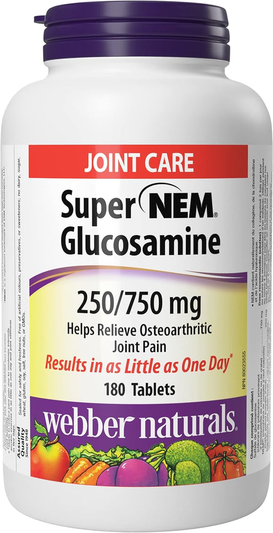 Webber Naturals Super NEM Glucosamine, 180 Tablets, Natural Eggshell Membrane for Support of Joint Pain and Stiffness, Non-GMO, Gluten and Dairy Free
