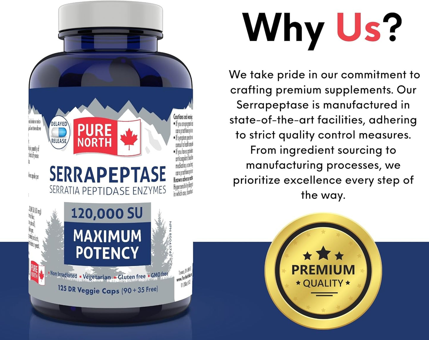 Pure North Naturals - Serrapeptase 沙雷氏菌肽酶 120000 SU 最大效力（90+35 粒胶囊）125 天供应 - 支持呼吸健康 - 经第三方测试 - 加拿大配制和制造