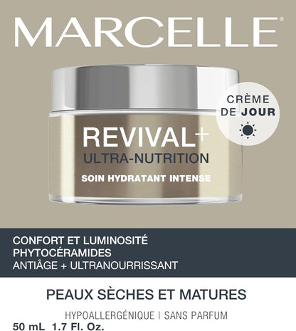 Marcelle Revival+ Ultra-Nutrition Anti-Aging Day Cream, Dry Skin, Mature Skin 55+, Intensely Nourishing, Comfort & Radiance, Cruelty-Free, Vegan, Hypoallergenic, Paraben-Free, Fragrance-Free, 50 mL
