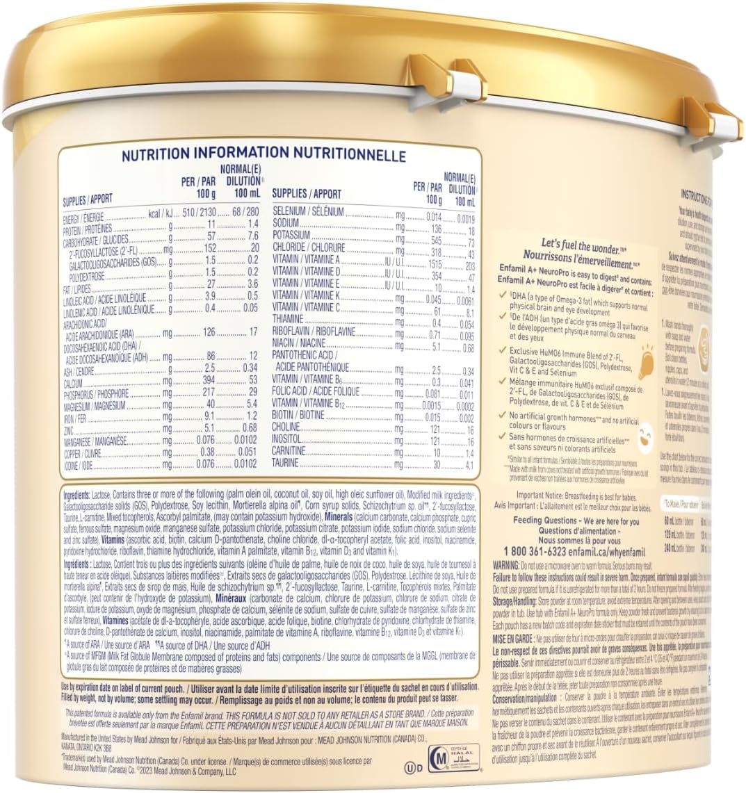 Enfamil A+ NeuroPro 嬰兒配方奶粉，粉盒裝，含促進大腦發育的 DHA 和 2'FL，用於免疫支持，0-12 個月，587 克