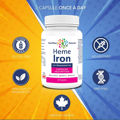 Nutrimed Naturals - 血紅素鐵補充劑 60 粒膠囊，60 天用量 - 11 毫克元素鐵 + 硒、生物活性葉酸、維生素 B12、維生素 C - 經第三方測試 - 加拿大配製和製造