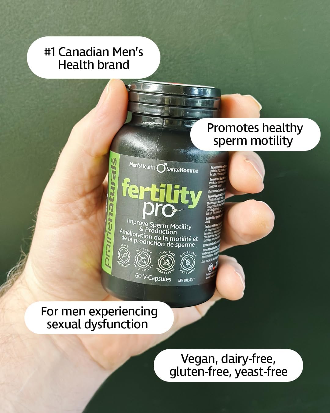 Prairie Naturals Fertility Pro，提高精子活力和產量，純素，非基因，無麩質，左旋肉鹼，藜麥豆，輔酶 Q10，鋅和硒，加拿大製造，專為男性研製，60 粒 V 型膠囊