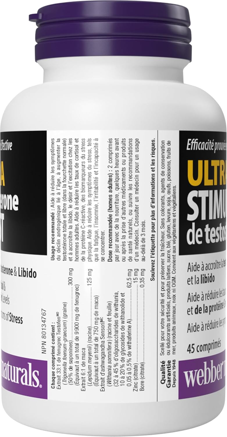 Webber Naturals 超级睾酮促进剂，45 片，含 Testofen 胡芦巴、玛卡、南非醉茄、锌和硼，男性健康支持，纯素