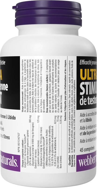 Webber Naturals 超级睾酮促进剂，45 片，含 Testofen 胡芦巴、玛卡、南非醉茄、锌和硼，男性健康支持，纯素