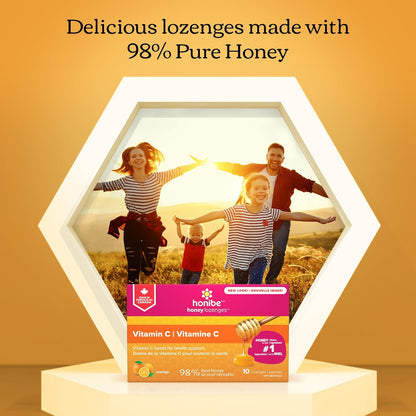 Honibe 100% 纯蜂蜜润喉糖 | 加拿大制造 | 添加维生素 C 以支持健康 | 1 包（10 粒润喉糖）| 天然橙子