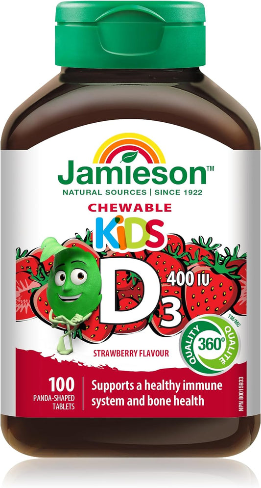 Jamieson 儿童咀嚼片维生素 D3 400 国际单位，草莓味，支持骨骼和牙齿健康发育，增强免疫力。素食，无麸质，不含人工色素、香精或防腐剂，100 粒装