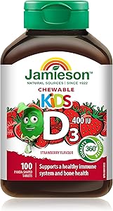 Jamieson 兒童咀嚼片維生素 D3 400 國際單位，草莓風味，支持骨骼和牙齒健康發育，增強免疫力。素食，無麩質，不含人工色素、香精或防腐劑，100 粒裝