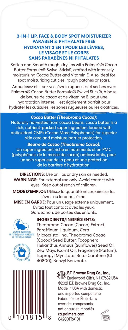 Palmer's 可可脂配方保濕旋轉棒，含維生素 E，可用作沙灘包潤唇膏，可用作臉部和身體保濕棒，非常適合治療皮膚乾燥，14 克