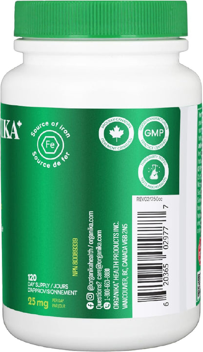 Organika 加拿大製造的絕對鐵 - 雙甘氨酸鐵 - 高利用率，溫和不傷胃，提高鐵含量 - 有益於女性和素食者 - 120 粒膠囊