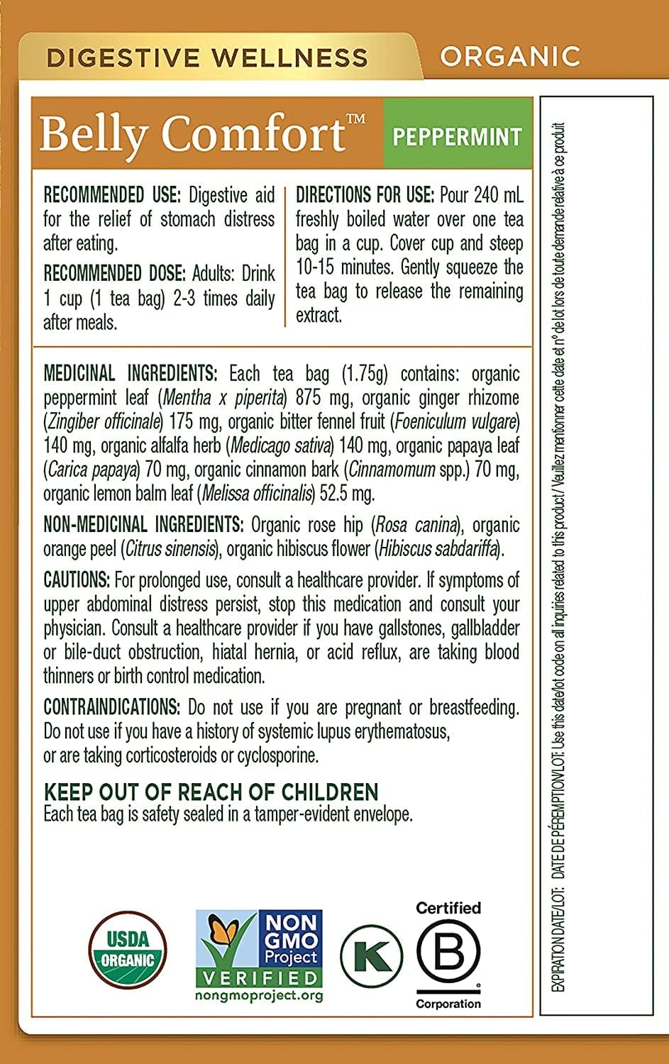 Traditional Medicinals - 有机舒腹薄荷草本茶（6 包）- 含生姜、茴香和柠檬香脂，有助于消化 - 共 96 个茶包