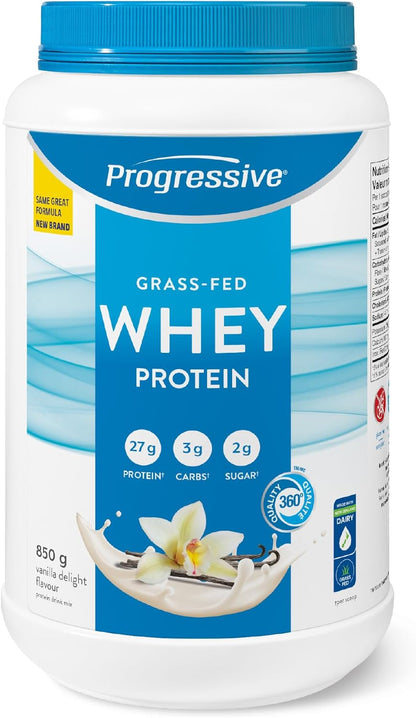 Progressive Grass-Fed 100% Whey Protein Powder Vanilla, 27g of New Zealand Whey Concentrate per Scoop for Muscle Gain, Pasture-Raised, Non-GMO, Canadian-Made Antibiotic-free, Hormone-free, 850 g