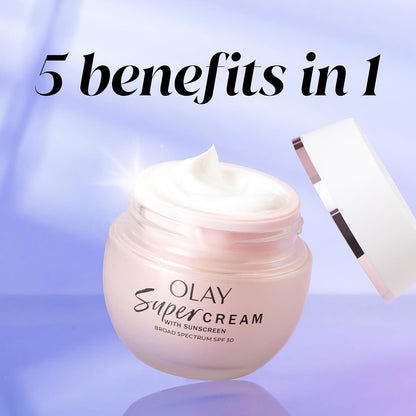 Olay Super Cream with Sunscreen SPF 30, Ultra Lightweight Face Moisturizer with Vitamin C, Hyaluronic Acid, Niacinamide, Vitamin E, and Collagen Peptide, 50 mL