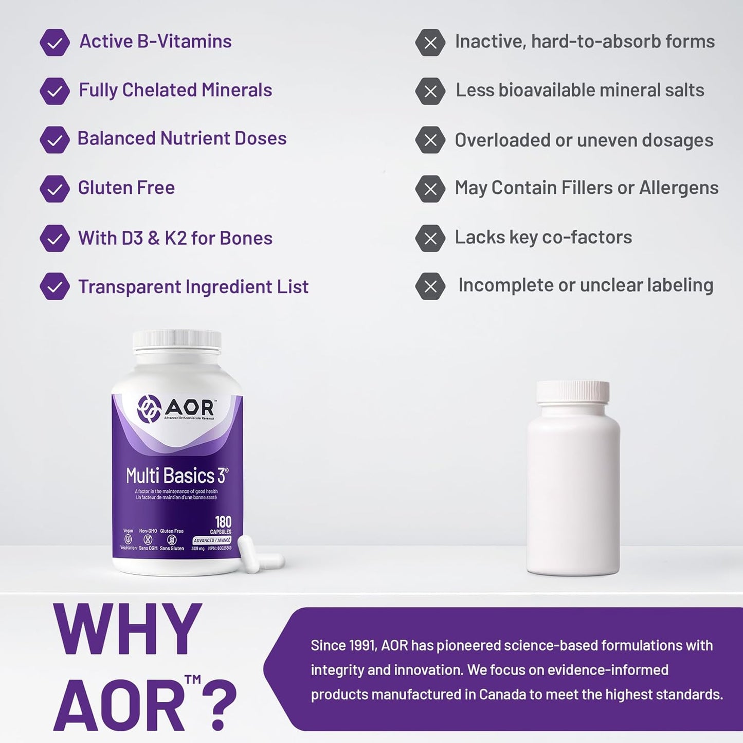 AOR 复合基础 3 309 毫克，180 粒胶囊，60 天用量 - 男女适用的综合复合维生素，无麸质，易于吞咽，无余味，成人每日必需维生素和矿物质补充剂