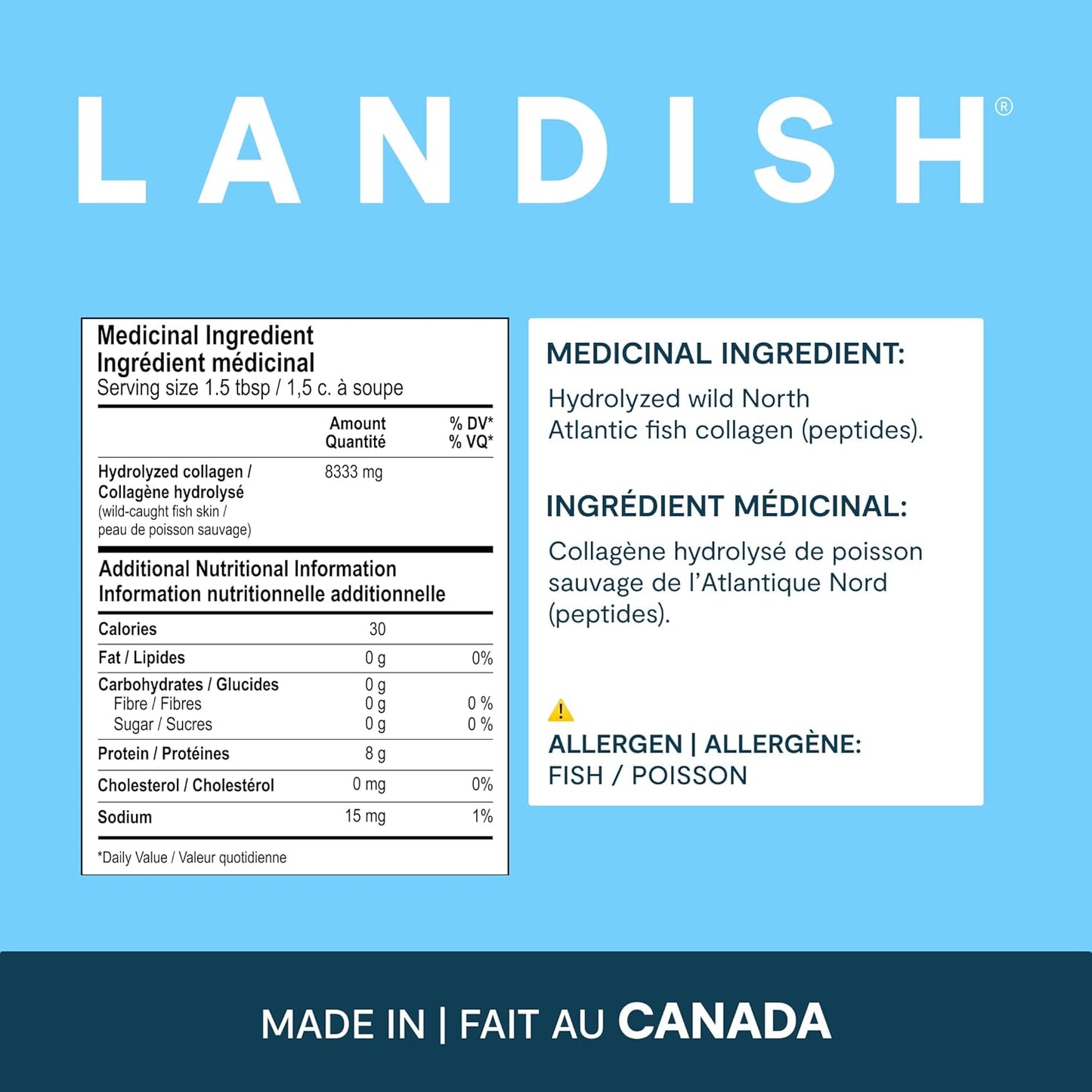 Landish 純加拿大海洋膠原蛋白肽粉 - 全身性益處和關節支持，適用於女性和男性 - 水解、無味、超純蛋白質補充劑 - 完全溶解，0 碳水化合物和糖 - 加拿大製造 - 2…