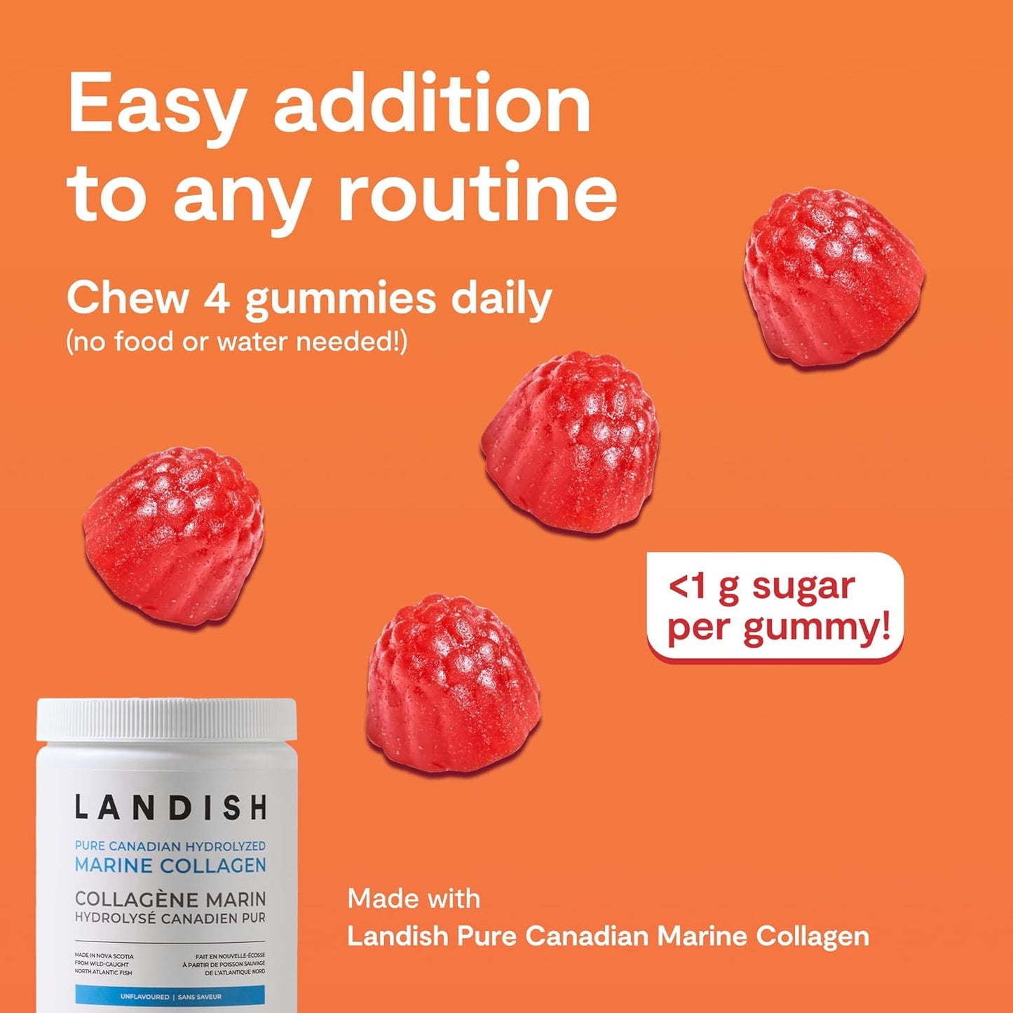 Landish Marine Collagen Gummies – Wild Canadian Marine Collagen, Vitamin C, Magnesium, Zinc & Biotin – Skin, Hair, Nails & Joint Support – No Artificial Colours or Flavours – Made in Canada – 60 Gummies