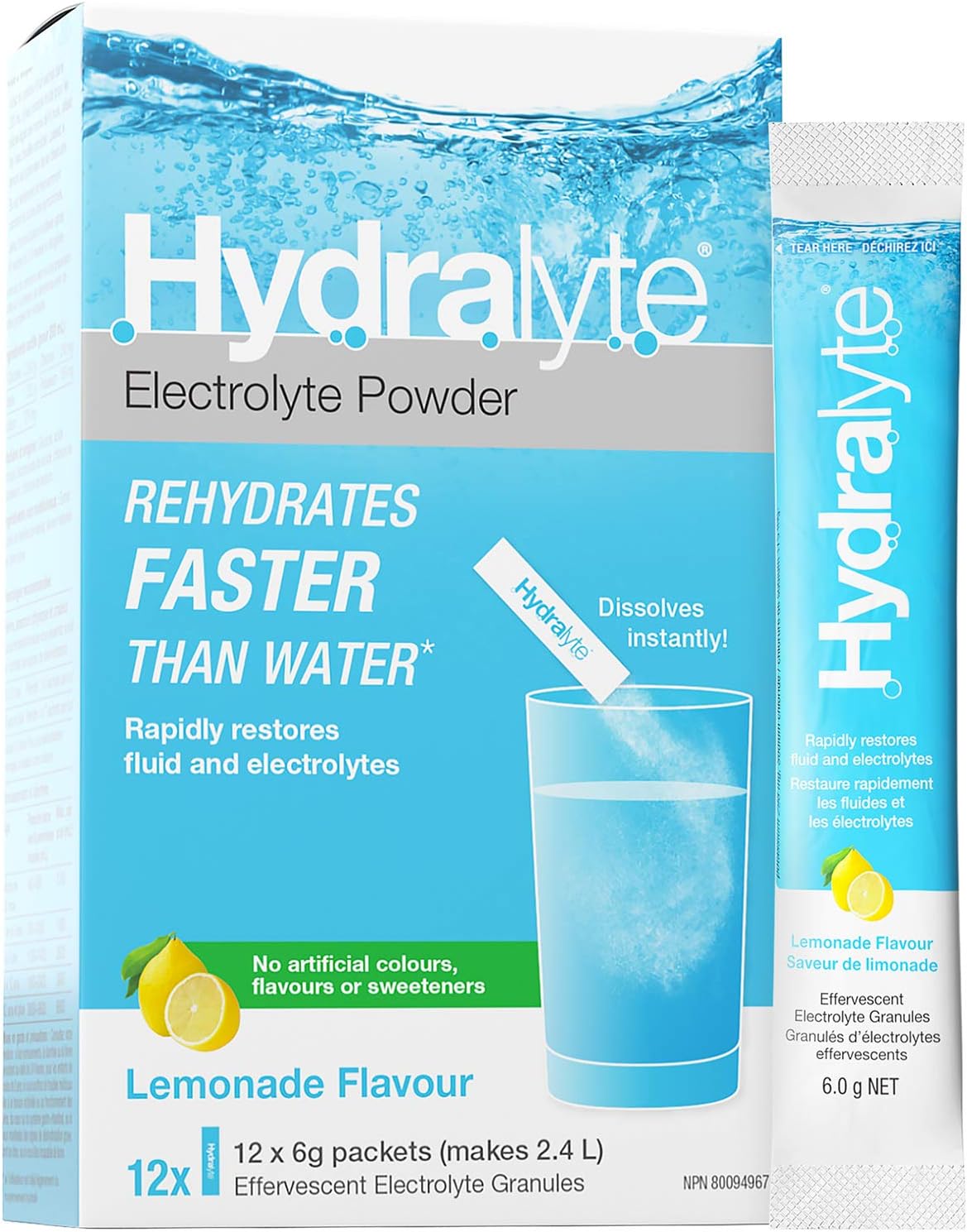 HydraLyte Electrolyte Powder, Low Sugar Electrolyte Packets Designed for Rapid Hydration, Safe Hydration for All Ages - Made with All Natural Ingredients, 12 Servings, Lemonade Flavour