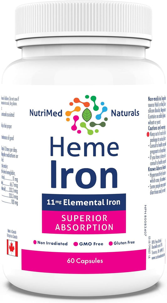 Nutrimed Naturals - 血紅素鐵補充劑 60 粒膠囊，60 天用量 - 11 毫克元素鐵 + 硒、生物活性葉酸、維生素 B12、維生素 C - 經第三方測試 - 加拿大配製和製造