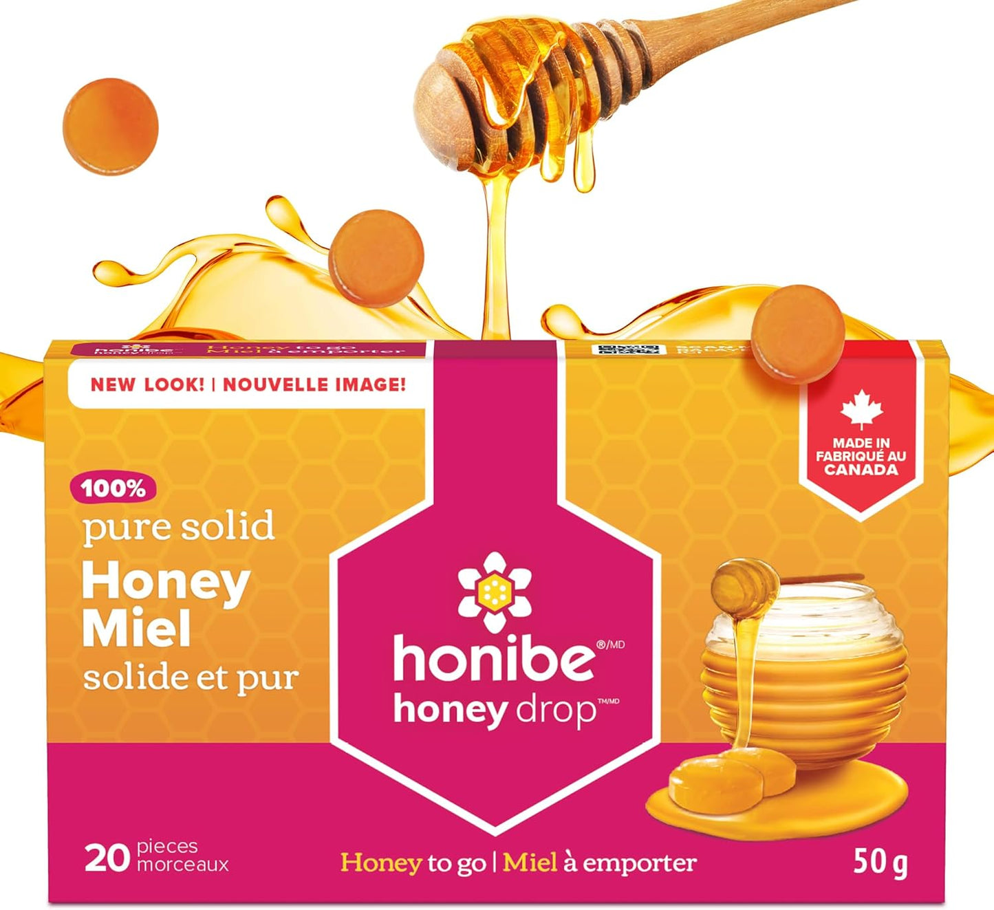 Honibe 蜂蜜滴剂 | 100% 纯蜂蜜 | 固体蜂蜜甜味剂 | 舒缓咽喉痛 | 12 包，每包 20 滴（240 滴）
