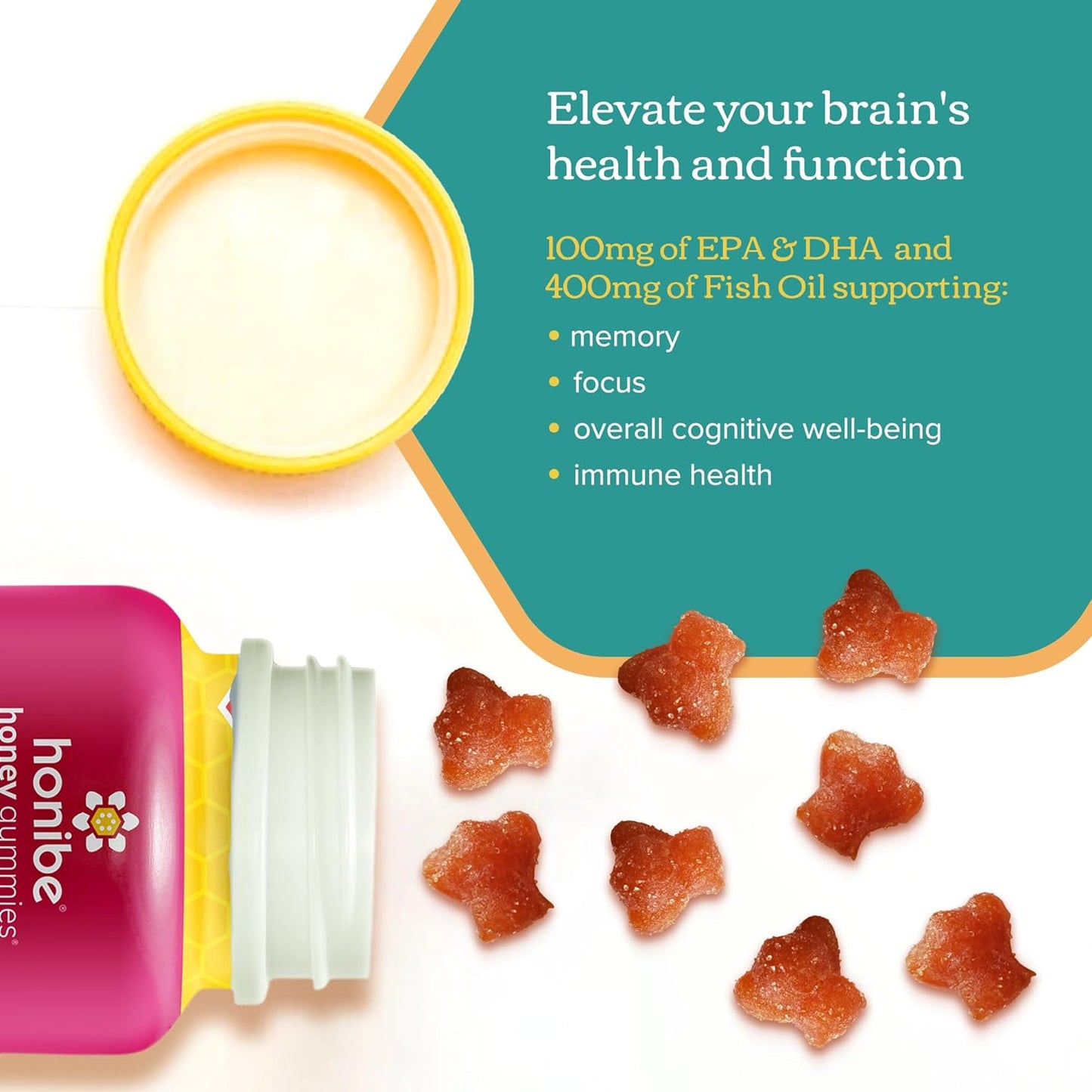 Honibe Omega 3 Gummies for Kids and Adults | Made in Canada | Supports Brain Health | Trusted Source of Omega-3 EPA & DHA Vitamins | Sustainably Sourced Fish Oil | No Fishy Taste | Omega 3 Fatty Acids | 60 Gummies