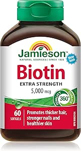 Jamieson 強效生物素 5,000 微克軟膠囊，容易吞嚥，有助於增厚頭髮、改善肌膚健康、強韌指甲。不含麩質，不含人工香料、色素或防腐劑，60 粒裝，加拿大製造