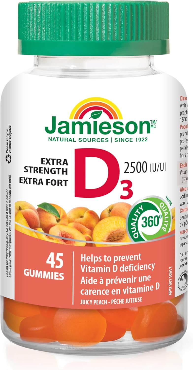 Jamieson 维生素 D3 2,500 IU 软糖，水蜜桃口味，有助于预防维生素 D 缺乏症和骨质疏松症，增强免疫力，强健骨骼和牙齿。素食，不含人工香料、色素或防腐剂……