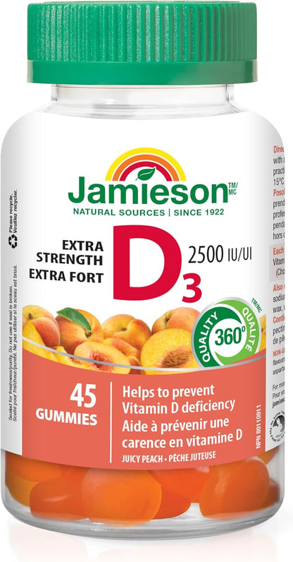Jamieson 维生素 D3 2,500 IU 软糖，水蜜桃口味，有助于预防维生素 D 缺乏症和骨质疏松症，增强免疫力，强健骨骼和牙齿。素食，不含人工香料、色素或防腐剂……