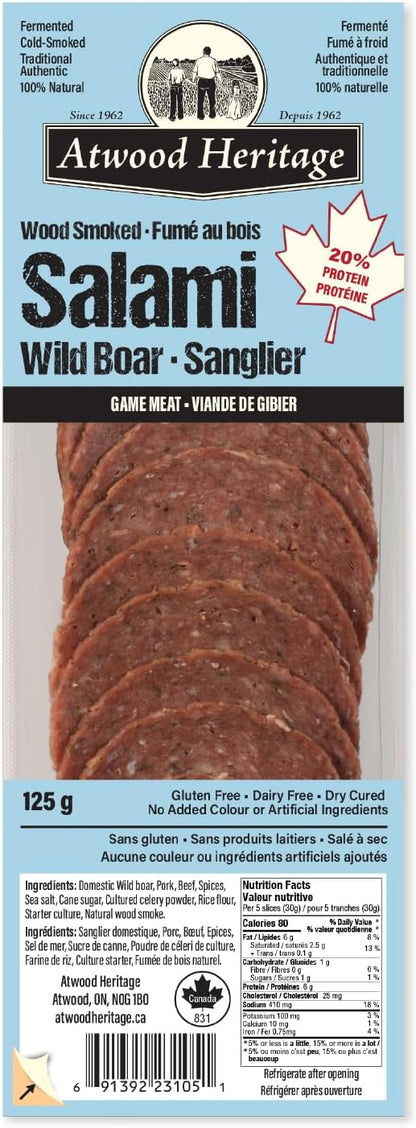 Atwood Heritage 野豬、豬肉和牛肉切片薩拉米香腸，125 克，高蛋白，無麩質，無硝酸鹽，加拿大製造