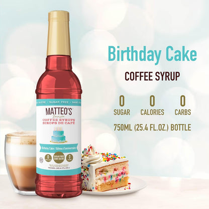 Matteo's Barista 风格无糖咖啡糖浆，生日蛋糕口味，零卡路里和糖，适合生酮饮食，非常适合拿铁、卡布奇诺、浓缩咖啡、美式咖啡，口感浓郁，25.4 盎司 1 包