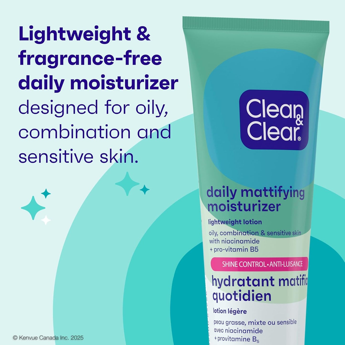 Clean & Clear Daily Mattifying Facial Moisturizer, Shine Control Face Lotion with Niacinamide & Pro-Vitamin B5 for Oily, Combination, & Sensitive Skin Care, Non-Comedogenic, 100 ml