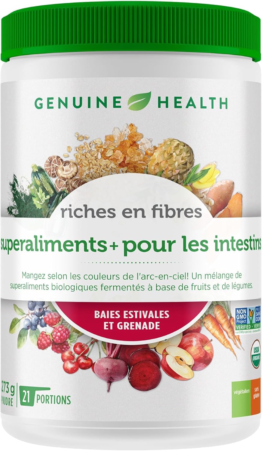 Genuine Health High Fibre Gut Superfood – Organic Fruit & Vegetables Powder, Natural Fibre Supplement - Vegan, Gluten-Free, USDA Organic, Non-GMO – Summer Berry, 21 Servings