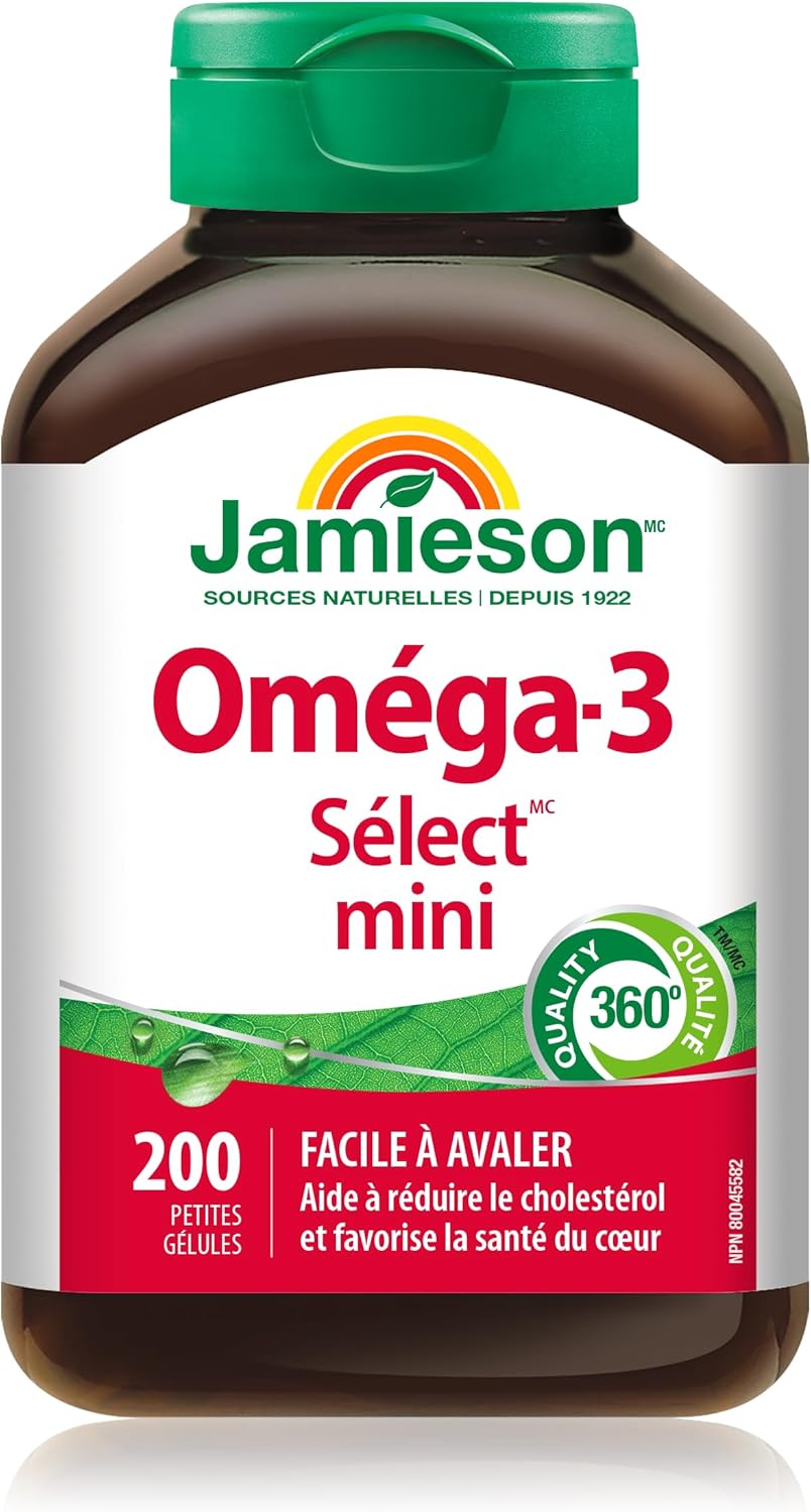 Jamieson Omega-3 Select Mini Softgels, Easy to Swallow, Supports Brain and Heart Health, and Helps Reduce Cholesterol. With EPA and DHA, Non-GMO, Gluten-Free, 200 Count, Proudly Canadian