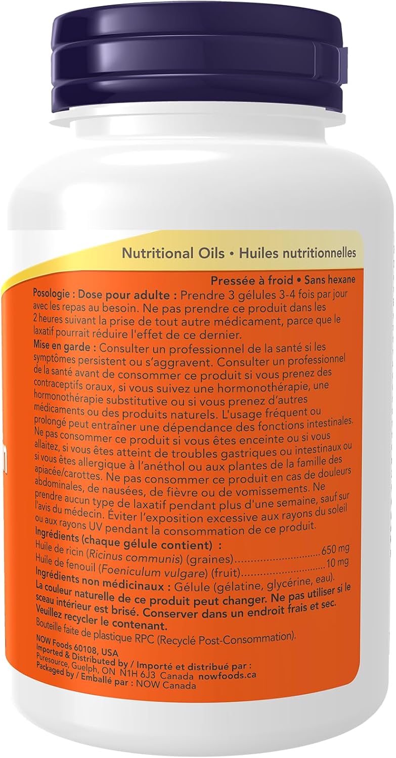 NOW Supplements, 蓖麻油 650 毫克，含茴香油，天然瀉藥*軟膠囊，120 粒