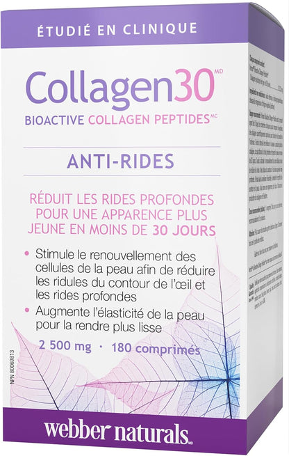 Webber Naturals Collagen30 抗皱片，每份含 2,500 毫克生物活性胶原蛋白肽，180 片，有助于减少深层皱纹、细纹并刺激皮肤细胞