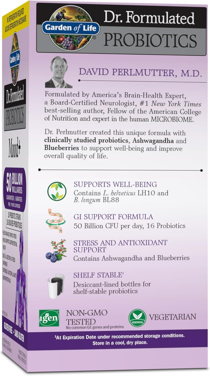 生命花园 – Dr. Formulated 益生菌情绪+ | 管理消化健康和慢性压力症状 | 500亿菌落形成单位 + 16种益生菌菌株 | 包含南非醉茄和蓝莓