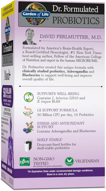 生命花园 – Dr. Formulated 益生菌情绪+ | 管理消化健康和慢性压力症状 | 500亿菌落形成单位 + 16种益生菌菌株 | 包含南非醉茄和蓝莓