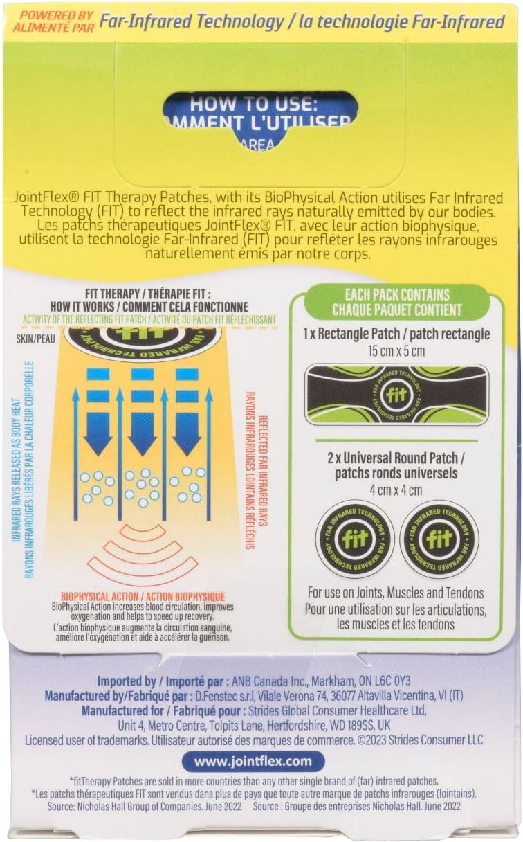 JointFlex FIT 远红外疗法贴片试用装，支持肌肉和关节的持续主动活动，每片长达 5 天，防水、不加热、无药物 - 3 片，1 片矩形/2 片圆形