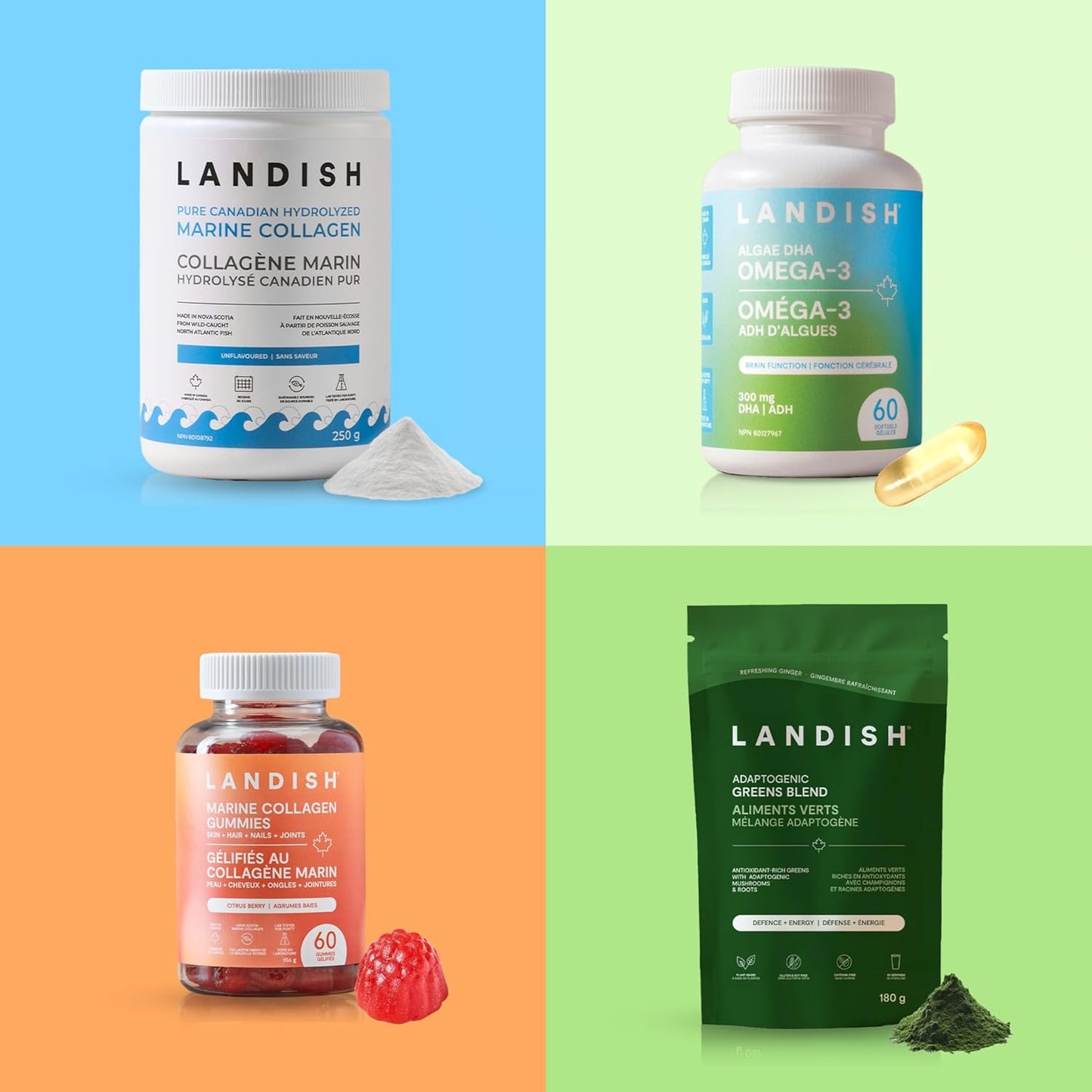 Landish Marine Collagen Sparkling Water Drink - Apple Lychee Flavour - 5 g Wild Canadian Marine Collagen - 0 g Sugar - 355 ml (6-Pack)