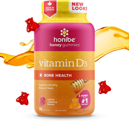 Honibe 維生素 D 軟糖，適合兒童和成人 | 加拿大製造的蜂蜜維生素 | 維生素 D3 有助於支持骨骼健康、情緒和免疫系統功能 | 素食咀嚼維生素 D 補充劑 | 70 粒軟糖