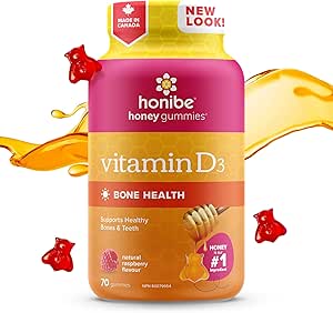 Honibe 維生素 D 軟糖，適合兒童和成人 | 加拿大製造的蜂蜜維生素 | 維生素 D3 有助於支持骨骼健康、情緒和免疫系統功能 | 素食咀嚼維生素 D 補充劑 | 70 粒軟糖