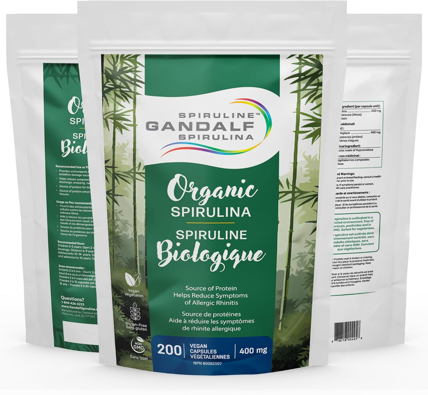 甘道夫加州純有機螺旋藻 400 毫克 200 粒素食膠囊 - 純素、非基因改造、無麩質 - 藍綠藻，富含鐵和抗氧化劑的營養豐富的超級食品，加州種植