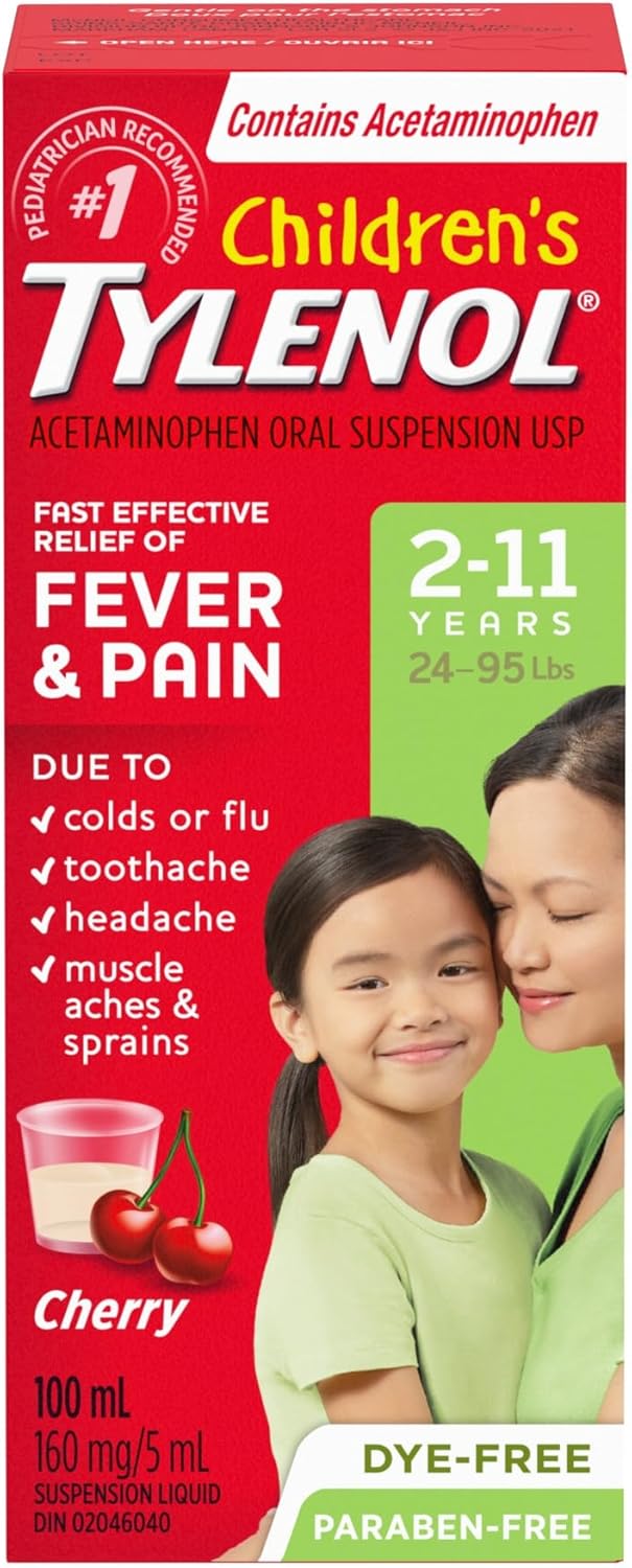 Tylenol Children's Liquid for Fever and Pain Relief, Cherry Blast Flavour, Dye Free, 100 mL Acetaminophen for Headache Pain, Muscle Ache Pain