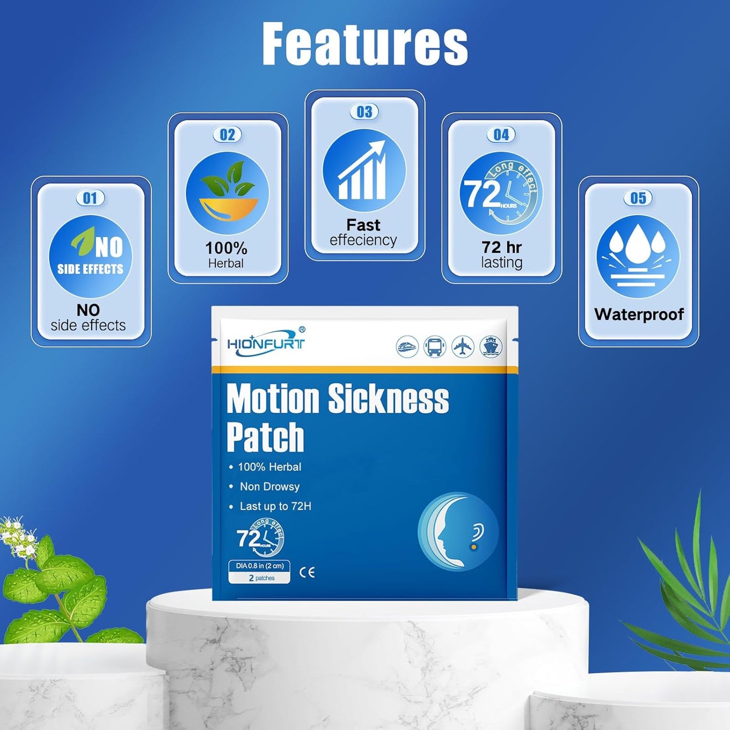 Hionfurt 32 片晕船贴，适用于游轮、汽车、轮船、飞机和其他形式的运动，晕船贴不瞌睡且有效，持续 72 小时