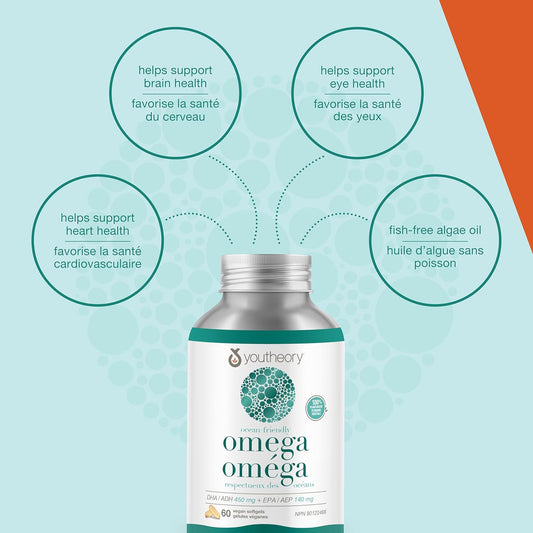 Youtheory 海洋友好型 Omega，植物基和纯素 Omega-3，支持大脑和心脏健康，60 粒纯素软胶囊