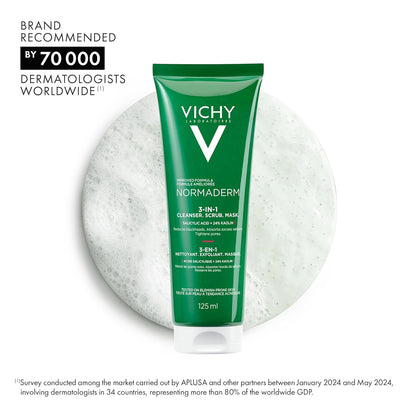 Vichy Normaderm 三合一去角质磨砂膏、洁面乳和护肤面膜。适用于油性肌肤和敏感性肌肤，含水杨酸和乙醇酸，125毫升