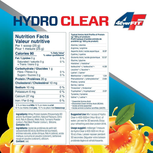 4EverFit Hydro Clear 果汁蛋白，100% 乳清蛋白水解物，混合物清澈透明，味道像糖果，無糖，無脂肪，低卡路里，不含人工甜味劑、色素或香精 - 桃子圈 500 克